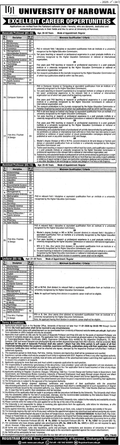 University of Narowal Vacancy Advertisement 2025, Associate Professor Assistant Professor Lecturer Jobs