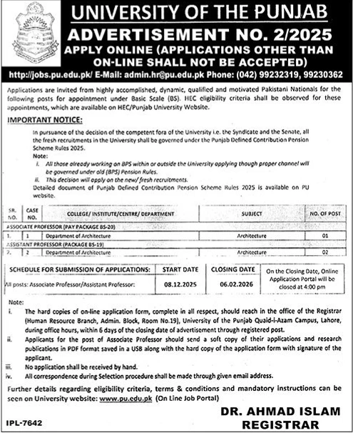 University of the Punjab professor vacancy advertisement teaching faculty positions