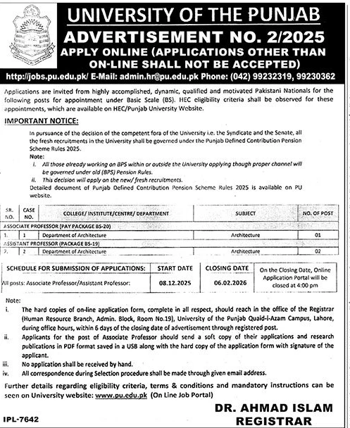 Associate professor assistant professor positions Lahore