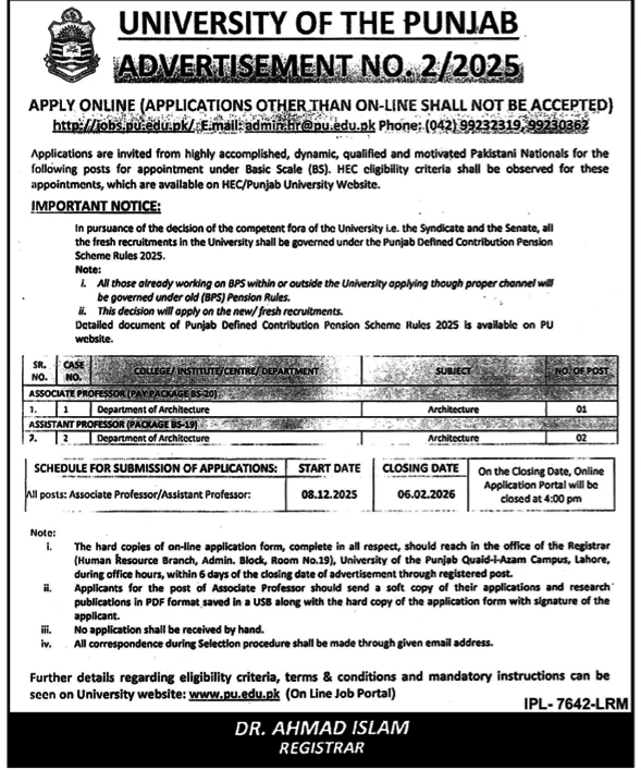 University of the Punjab Lahore Associate Professor Assistant Professor architecture positions 2026 career advertisement