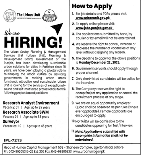 the urban unit hiring research analyst environment research associate swm and surveyor, lahore urban unit jobs advertisement