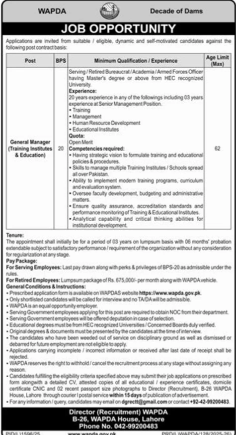 wapda general manager training institutes education centre job advertisement 2025