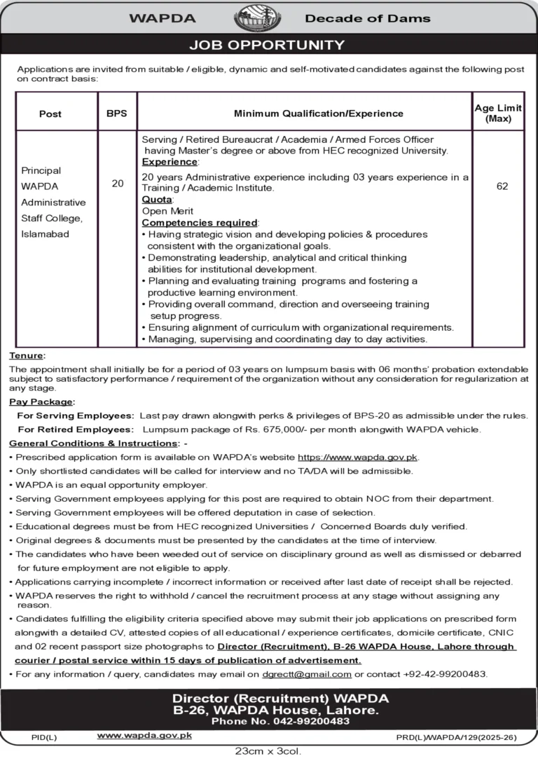 wapda jobs 2025 principal wapda administrative staff college bps-20 islamabad