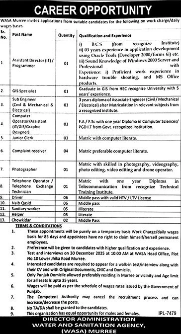 wasa murree jobs 2025 assistant director gis specialist positions