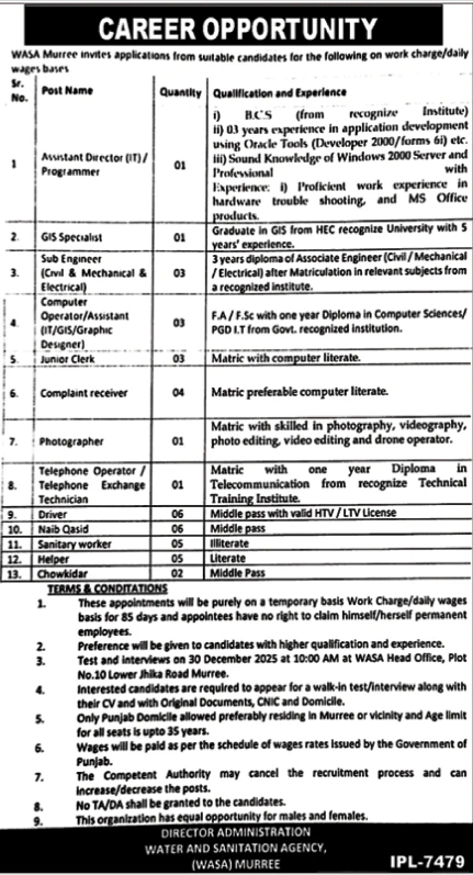 wasa murree job advertisement 2025 career opportunity