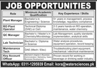 water sciences company job opportunities for plant manager and ro operator positions, water treatment technical staff vacancy
