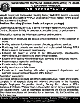 Secretary position WAPDA Engineer Lahore Cooperative Housing