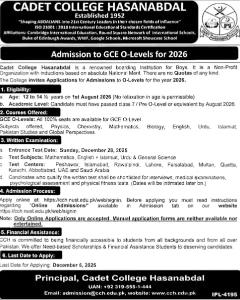 cadet college hasanabdal boys boarding school o-levels 2026 admissions