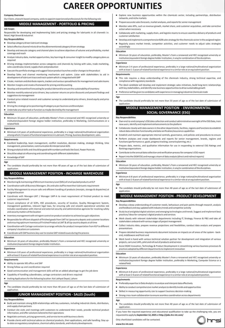hrsi jobs advertisement 2025 karachi and lahore