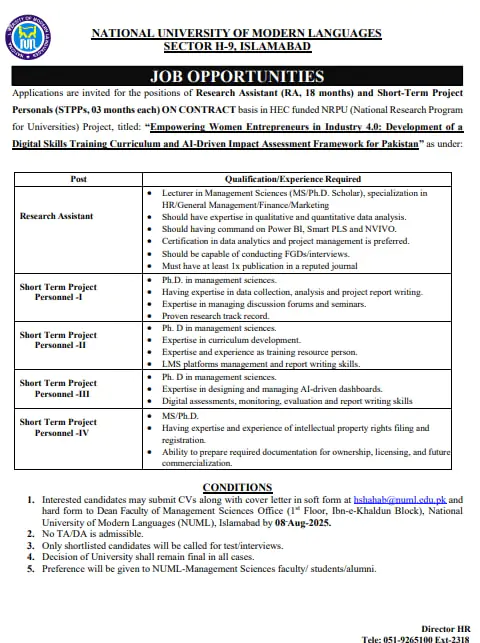 NUML Jobs Advertisement August 2025