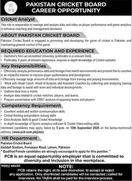 pcb cricket analyst vacancy advertisement 2025