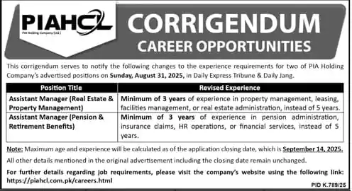 piahol corrigendum job ad 2025assistant manager real estate pension vacancy