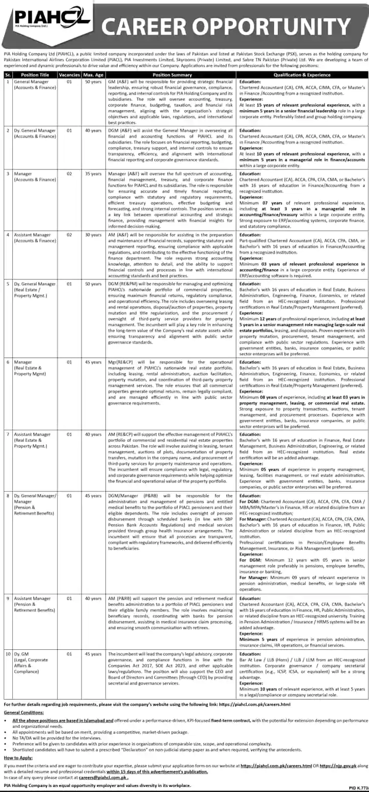 PIA Holding Company Vacancy Advertisement – Online Application Form 2025