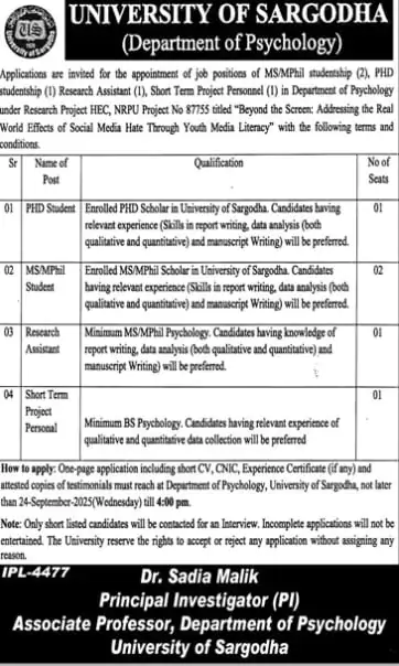 university of sargodha psychology jobs